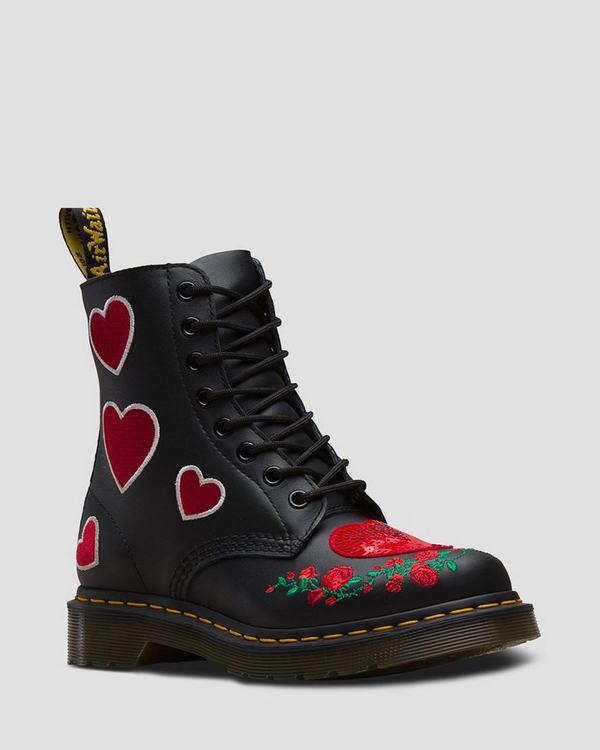 Dr Martens Dámské Kotníkové Boty 1460 Pascal Sequin Hearts Černé Červené, CZ-345716